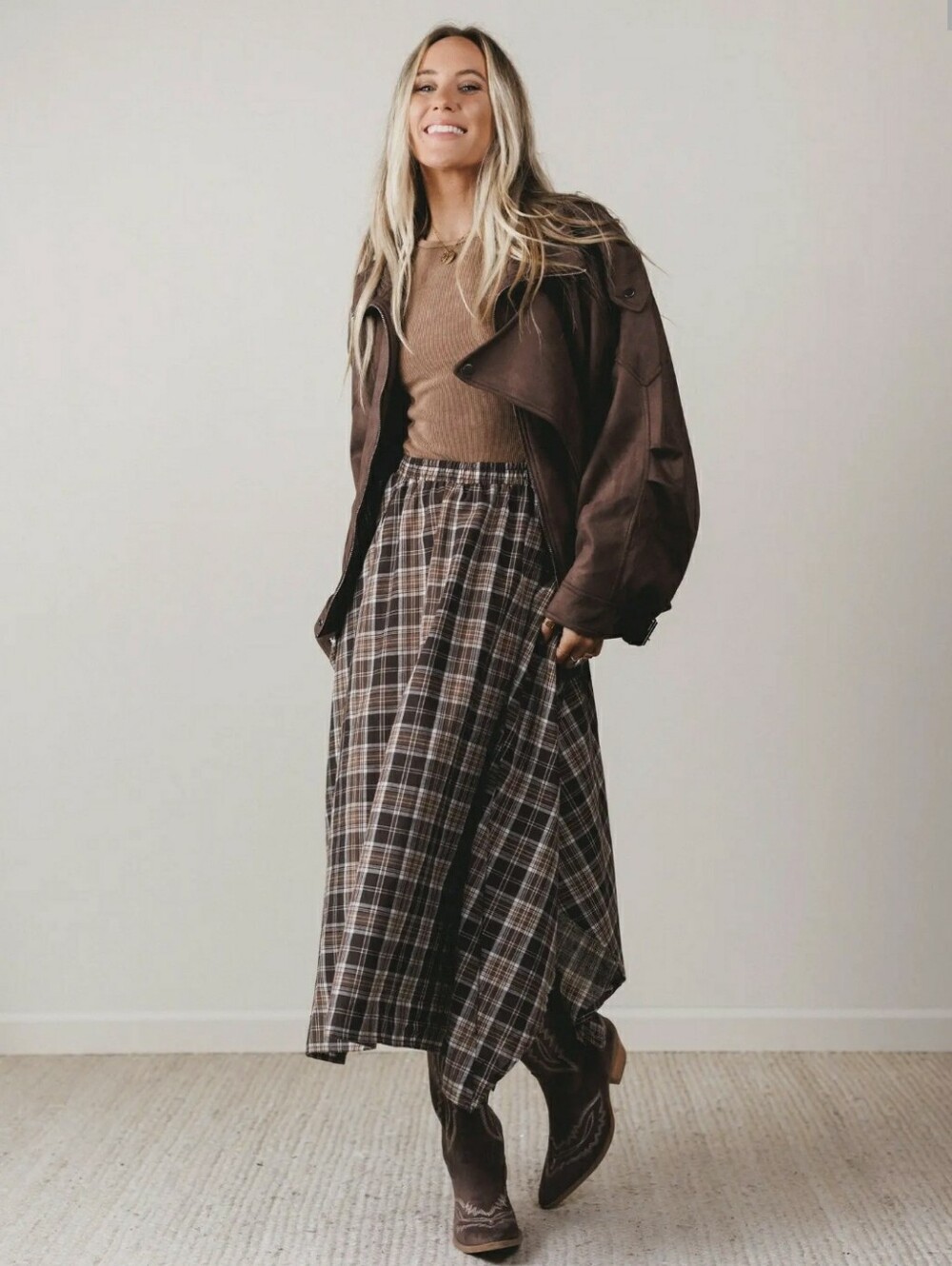 NWOT Three Bired Nest Brown Plaid Elastic-Waist Skirt